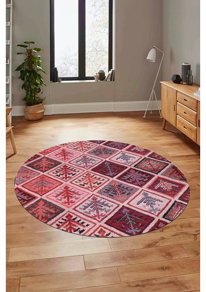Baskılı Kaymaz Yıkanabilir Patchwork Desen Yuvarlak Mutfak Salon Halısı, Y-Patchwork-08-Kırmızı, indirimleri
