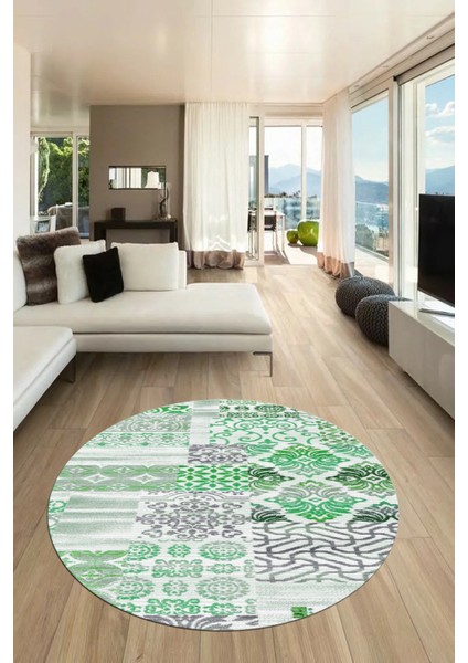 Baskılı Kaymaz Yıkanabilir Patchwork Desen Yuvarlak Mutfak Salon Halısı, Y-Patchwork-02-Yeşil, fiyatları