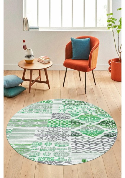 Baskılı Kaymaz Yıkanabilir Patchwork Desen Yuvarlak Mutfak Salon Halısı, Y-Patchwork-02-Yeşil, modelleri