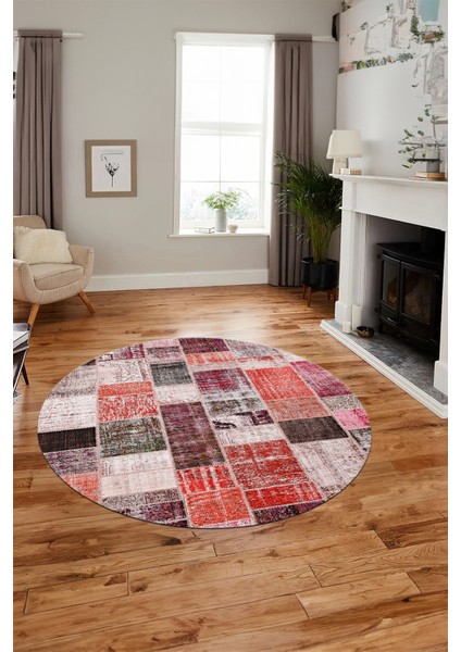 Baskılı Kaymaz Yıkanabilir Patchwork Desen Yuvarlak Mutfak Salon Halısı, Y-Patchwork-03-Kırmızı,