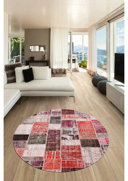Baskılı Kaymaz Yıkanabilir Patchwork Desen Yuvarlak Mutfak Salon Halısı, Y-Patchwork-03-Kırmızı, fiyatları