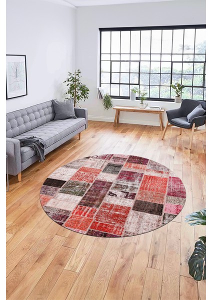 Baskılı Kaymaz Yıkanabilir Patchwork Desen Yuvarlak Mutfak Salon Halısı, Y-Patchwork-03-Kırmızı, indirimleri