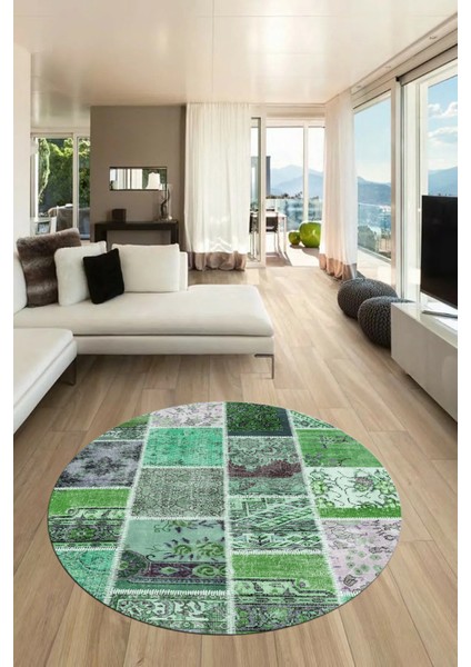 Baskılı Kaymaz Yıkanabilir Patchwork Desen Yuvarlak Mutfak Salon Halısı, Y-Patchwork-04-Yeşil,