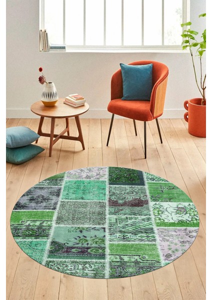 Baskılı Kaymaz Yıkanabilir Patchwork Desen Yuvarlak Mutfak Salon Halısı, Y-Patchwork-04-Yeşil,