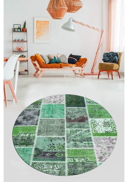 Baskılı Kaymaz Yıkanabilir Patchwork Desen Yuvarlak Mutfak Salon Halısı, Y-Patchwork-04-Yeşil,
