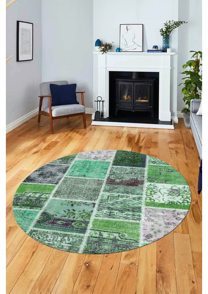 Baskılı Kaymaz Yıkanabilir Patchwork Desen Yuvarlak Mutfak Salon Halısı, Y-Patchwork-04-Yeşil,