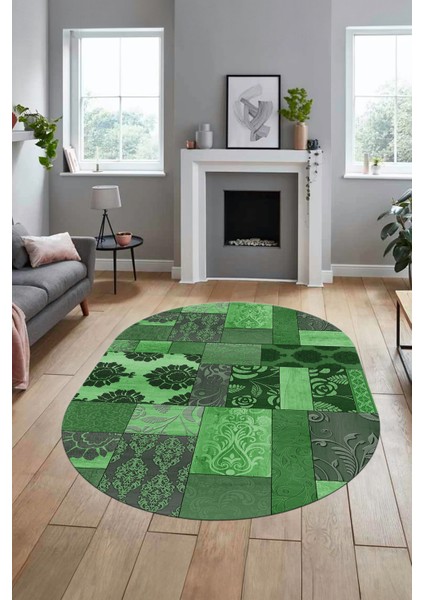 Baskılı Kaymaz Taban Yıkanabilir Patchwork Desen Oval Yolluk Salon Halısı, O-Patchwork-16-Yeşil,