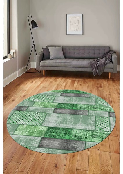 Baskılı Kaymaz Yıkanabilir Patchwork Desen Yuvarlak Mutfak Salon Halısı, Y-Patchwork-18-Yeşil,