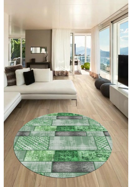 Baskılı Kaymaz Yıkanabilir Patchwork Desen Yuvarlak Mutfak Salon Halısı, Y-Patchwork-18-Yeşil, modelleri
