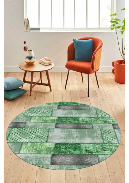 Baskılı Kaymaz Yıkanabilir Patchwork Desen Yuvarlak Mutfak Salon Halısı, Y-Patchwork-18-Yeşil, fırsatları