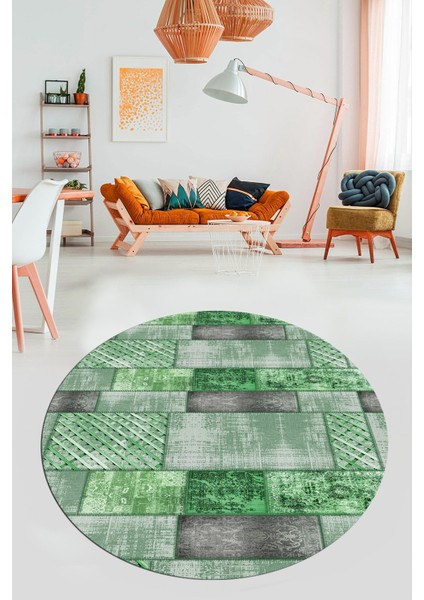 Baskılı Kaymaz Yıkanabilir Patchwork Desen Yuvarlak Mutfak Salon Halısı, Y-Patchwork-18-Yeşil, indirimleri