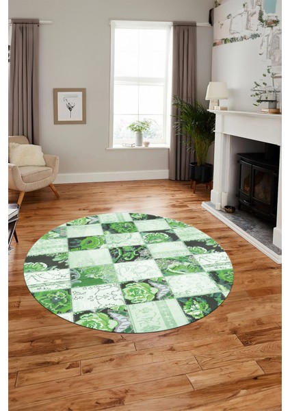 Baskılı Kaymaz Yıkanabilir Patchwork Desen Yuvarlak Mutfak Salon Halısı, Y-Patchwork-19-Yeşil, fiyatları