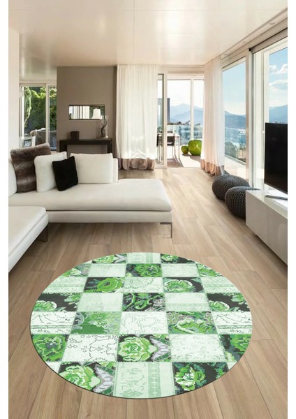 Baskılı Kaymaz Yıkanabilir Patchwork Desen Yuvarlak Mutfak Salon Halısı, Y-Patchwork-19-Yeşil, modelleri