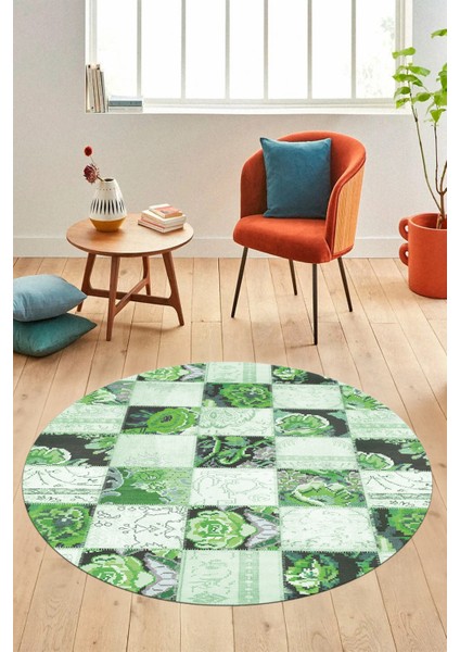 Baskılı Kaymaz Yıkanabilir Patchwork Desen Yuvarlak Mutfak Salon Halısı, Y-Patchwork-19-Yeşil, fırsatları