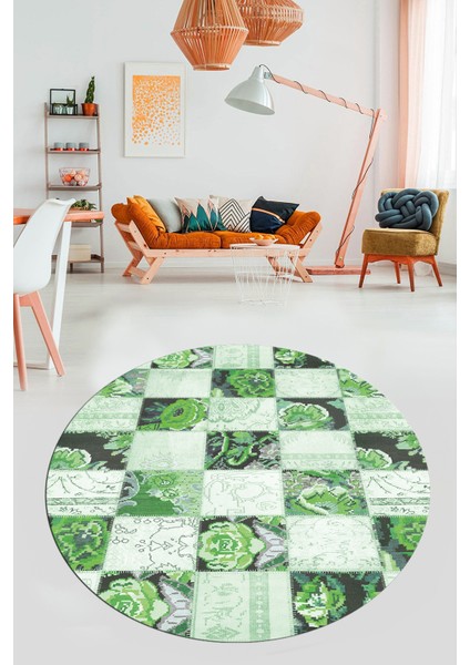 Baskılı Kaymaz Yıkanabilir Patchwork Desen Yuvarlak Mutfak Salon Halısı, Y-Patchwork-19-Yeşil, indirimleri