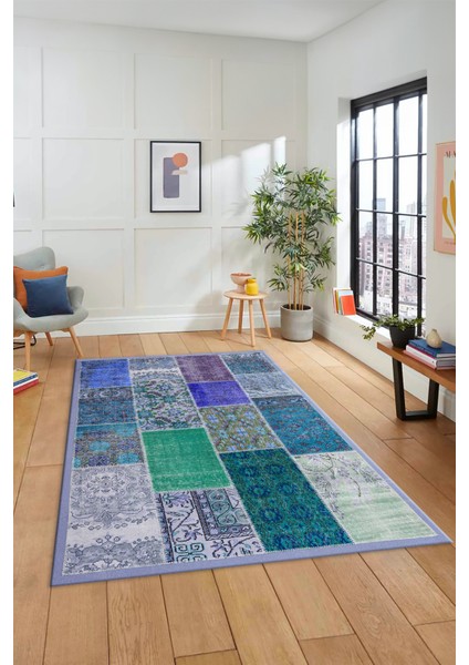 Dijital Kaymaz Taban Yıkanabilir Patchwork Desen Yolluk Mutfak Salon Halısı, Patchwork-01-Mavi,