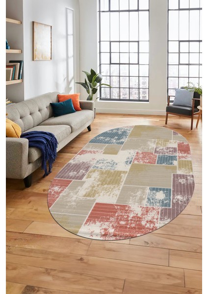 Baskılı Kaymaz Taban Yıkanabilir Patchwork Desen Oval Yolluk Salon Halısı, O-Patchwork-20-Renkli,