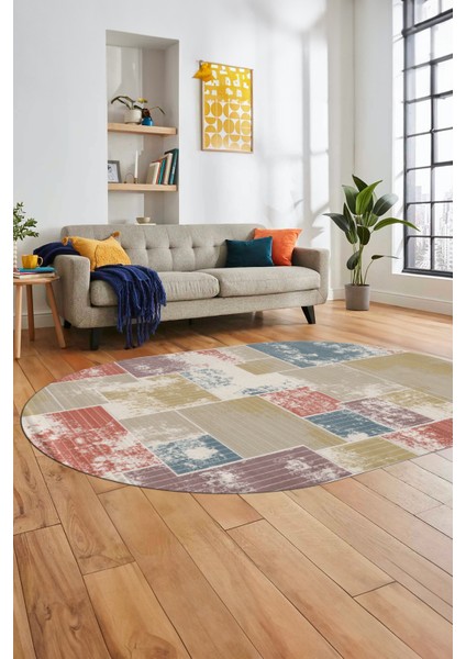 Baskılı Kaymaz Taban Yıkanabilir Patchwork Desen Oval Yolluk Salon Halısı, O-Patchwork-20-Renkli,