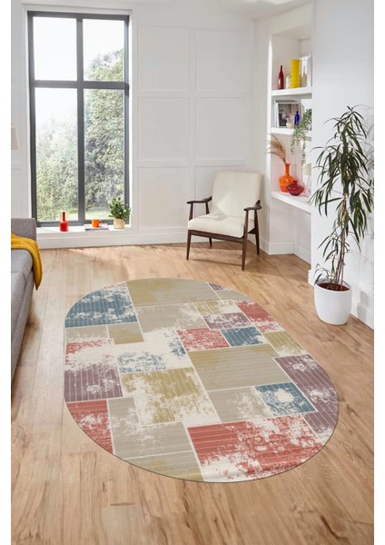 Baskılı Kaymaz Taban Yıkanabilir Patchwork Desen Oval Yolluk Salon Halısı, O-Patchwork-20-Renkli,