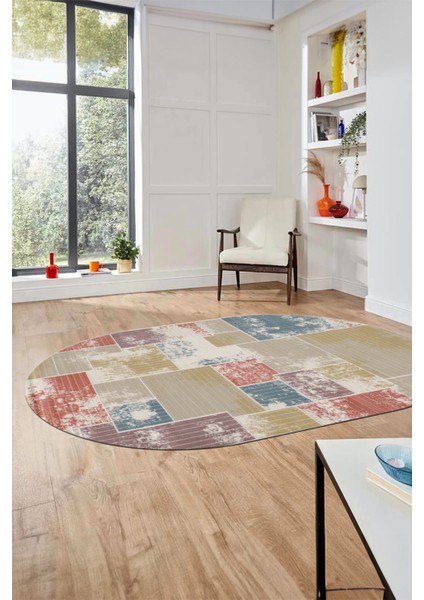 Baskılı Kaymaz Taban Yıkanabilir Patchwork Desen Oval Yolluk Salon Halısı, O-Patchwork-20-Renkli,