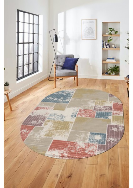 Baskılı Kaymaz Taban Yıkanabilir Patchwork Desen Oval Yolluk Salon Halısı, O-Patchwork-20-Renkli,