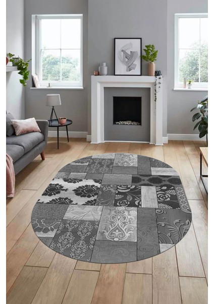 Baskılı Kaymaz Taban Yıkanabilir Patchwork Desen Oval Yolluk Salon Halısı, O-Patchwork-16-Gri,