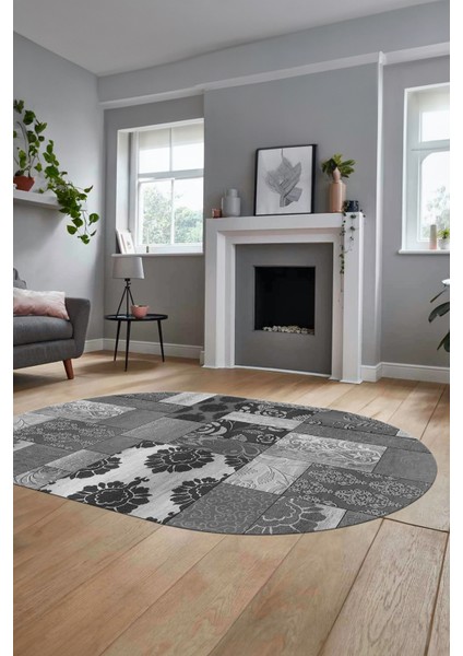 Baskılı Kaymaz Taban Yıkanabilir Patchwork Desen Oval Yolluk Salon Halısı, O-Patchwork-16-Gri,
