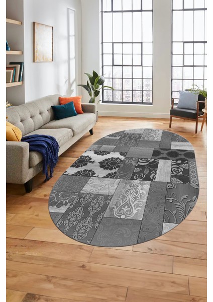 Baskılı Kaymaz Taban Yıkanabilir Patchwork Desen Oval Yolluk Salon Halısı, O-Patchwork-16-Gri,