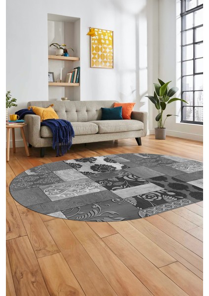 Baskılı Kaymaz Taban Yıkanabilir Patchwork Desen Oval Yolluk Salon Halısı, O-Patchwork-16-Gri,