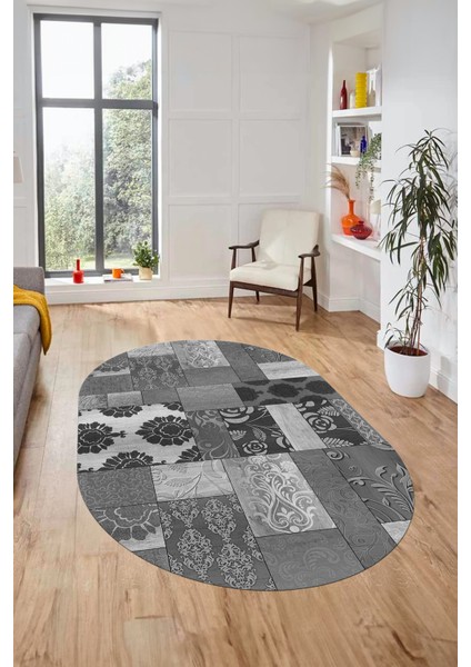 Baskılı Kaymaz Taban Yıkanabilir Patchwork Desen Oval Yolluk Salon Halısı, O-Patchwork-16-Gri,