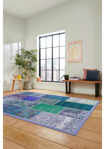 Dijital Kaymaz Taban Yıkanabilir Patchwork Desen Yolluk Mutfak Salon Halısı, Patchwork-01-Mavi,