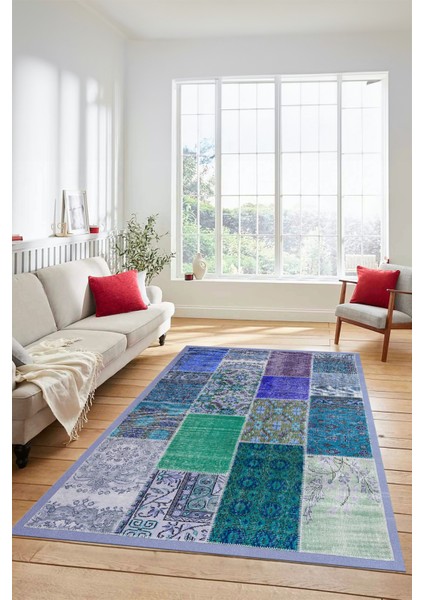Dijital Kaymaz Taban Yıkanabilir Patchwork Desen Yolluk Mutfak Salon Halısı, Patchwork-01-Mavi,