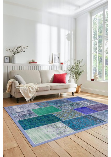 Dijital Kaymaz Taban Yıkanabilir Patchwork Desen Yolluk Mutfak Salon Halısı, Patchwork-01-Mavi,