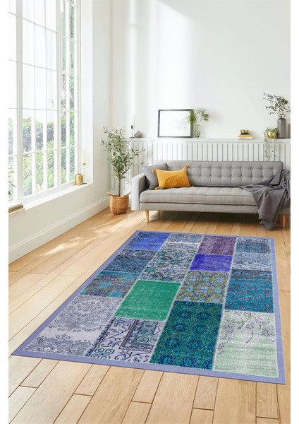 Dijital Kaymaz Taban Yıkanabilir Patchwork Desen Yolluk Mutfak Salon Halısı, Patchwork-01-Mavi,