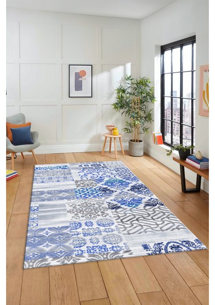 Dijital Kaymaz Taban Yıkanabilir Patchwork Desen Yolluk Mutfak Salon Halısı, Patchwork-02-Mavi,