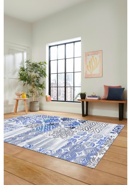 Dijital Kaymaz Taban Yıkanabilir Patchwork Desen Yolluk Mutfak Salon Halısı, Patchwork-02-Mavi,