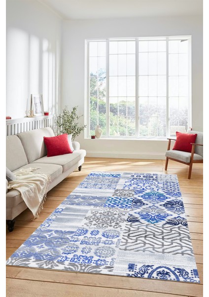 Dijital Kaymaz Taban Yıkanabilir Patchwork Desen Yolluk Mutfak Salon Halısı, Patchwork-02-Mavi,