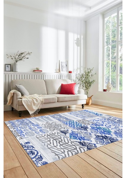Dijital Kaymaz Taban Yıkanabilir Patchwork Desen Yolluk Mutfak Salon Halısı, Patchwork-02-Mavi,