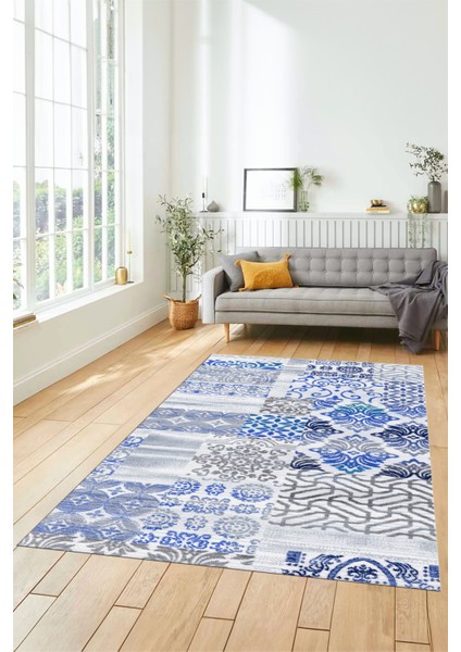 Dijital Kaymaz Taban Yıkanabilir Patchwork Desen Yolluk Mutfak Salon Halısı, Patchwork-02-Mavi,