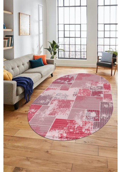 Baskılı Kaymaz Taban Yıkanabilir Patchwork Desen Oval Yolluk Salon Halısı, O-Patchwork-20-Kırmızı,