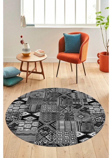 Baskılı Kaymaz Yıkanabilir Patchwork Desen Yuvarlak Mutfak Salon Halısı, Y-Patchwork-06-Gri,