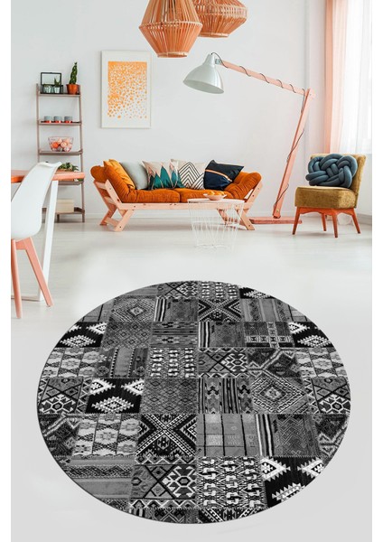 Baskılı Kaymaz Yıkanabilir Patchwork Desen Yuvarlak Mutfak Salon Halısı, Y-Patchwork-06-Gri,