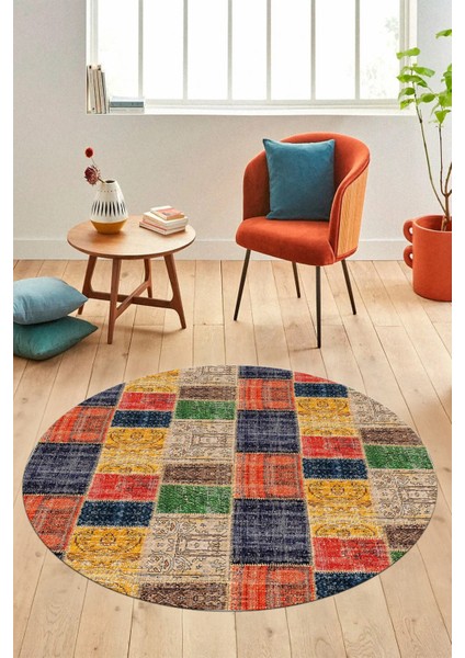 Baskılı Kaymaz Yıkanabilir Patchwork Desen Yuvarlak Mutfak Salon Halısı, Y-Patchwork-07-Renkli,