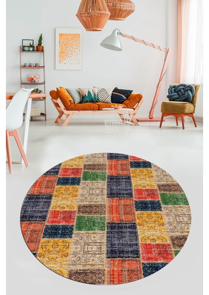 Baskılı Kaymaz Yıkanabilir Patchwork Desen Yuvarlak Mutfak Salon Halısı, Y-Patchwork-07-Renkli, fiyatları