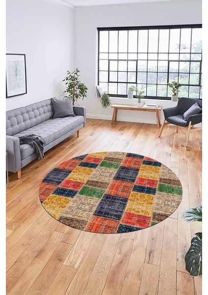 Baskılı Kaymaz Yıkanabilir Patchwork Desen Yuvarlak Mutfak Salon Halısı, Y-Patchwork-07-Renkli, modelleri