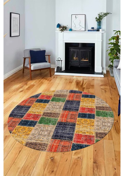 Baskılı Kaymaz Yıkanabilir Patchwork Desen Yuvarlak Mutfak Salon Halısı, Y-Patchwork-07-Renkli, fırsatları