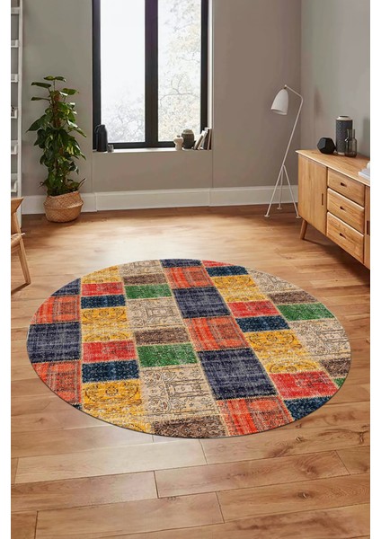Baskılı Kaymaz Yıkanabilir Patchwork Desen Yuvarlak Mutfak Salon Halısı, Y-Patchwork-07-Renkli, indirimleri