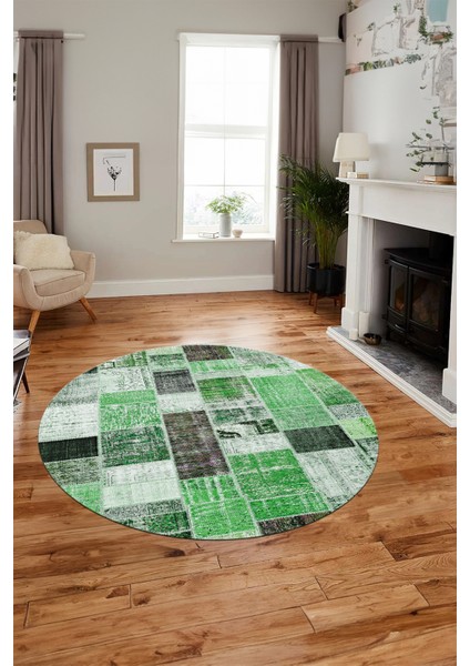 Baskılı Kaymaz Yıkanabilir Patchwork Desen Yuvarlak Mutfak Salon Halısı, Y-Patchwork-03-Yeşil,