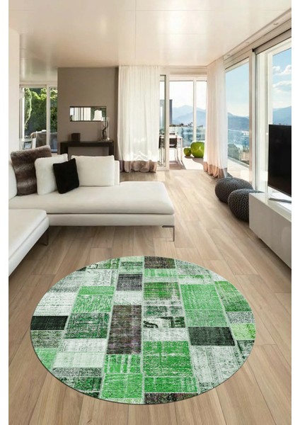 Baskılı Kaymaz Yıkanabilir Patchwork Desen Yuvarlak Mutfak Salon Halısı, Y-Patchwork-03-Yeşil, fiyatları