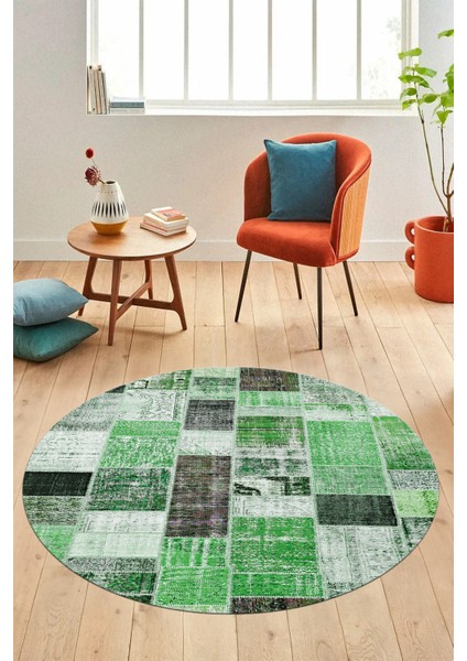 Baskılı Kaymaz Yıkanabilir Patchwork Desen Yuvarlak Mutfak Salon Halısı, Y-Patchwork-03-Yeşil, modelleri